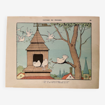 Old humorous satirical illustration of animals (carrier pigeon) by Benjamin Rabier - 1930