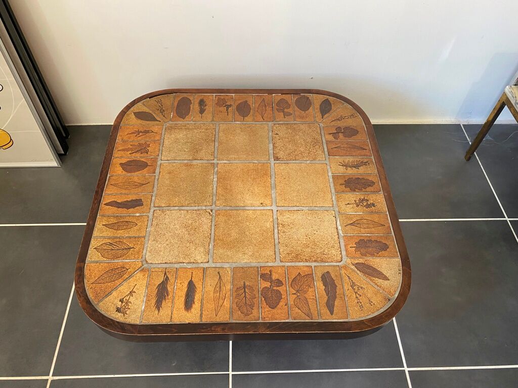 Coffee table Roger Capron ceramic herbarium and vintage wood year 1960