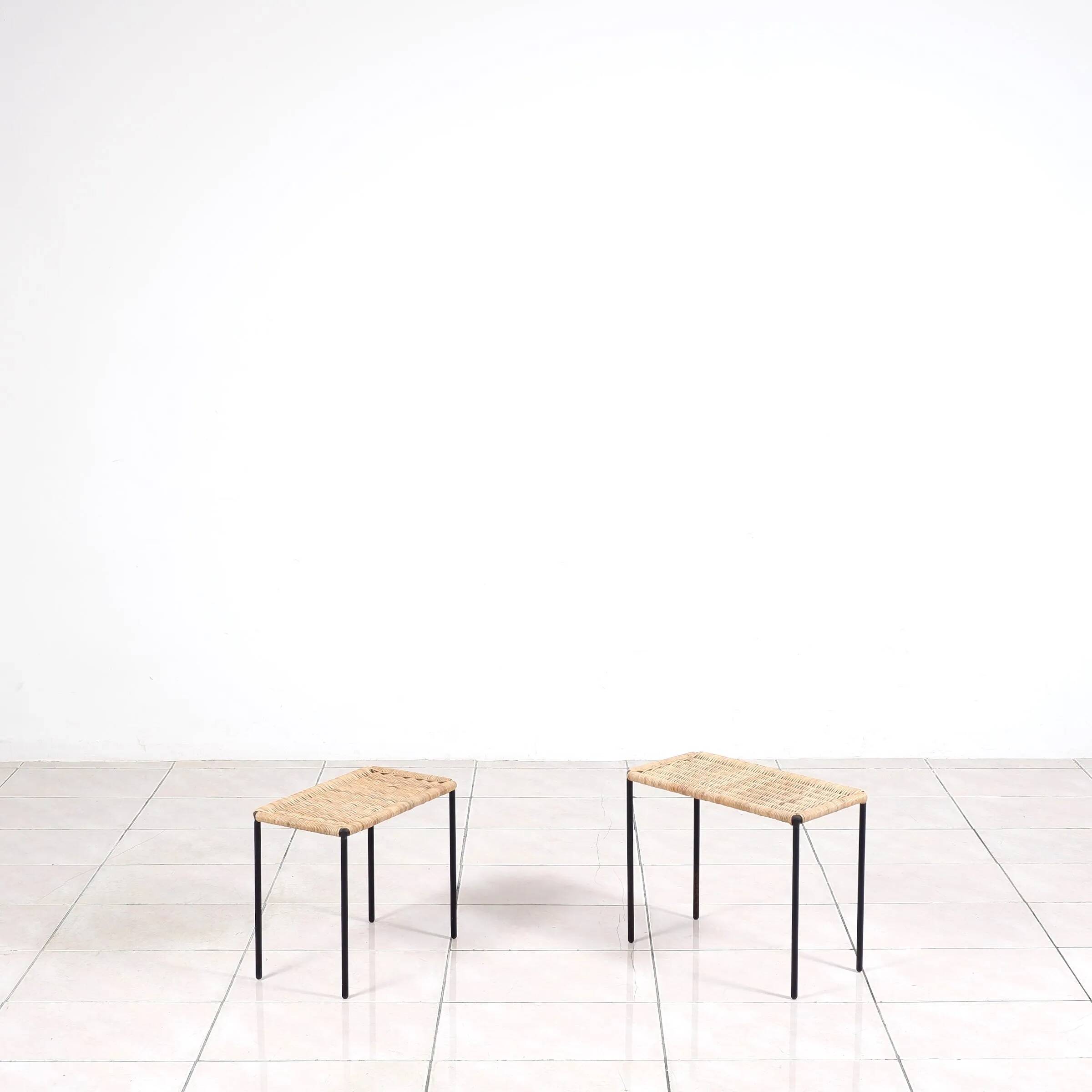 Nesting tables in metal / rattan by Carl Auböck