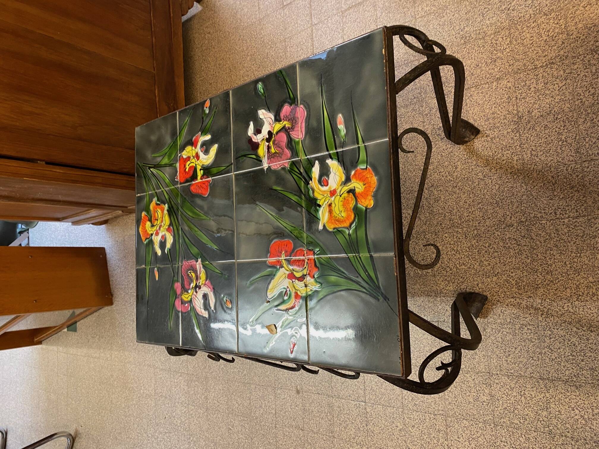 Vallauris coffee table signed rheaul faience tiles, flowers and wrought iron
