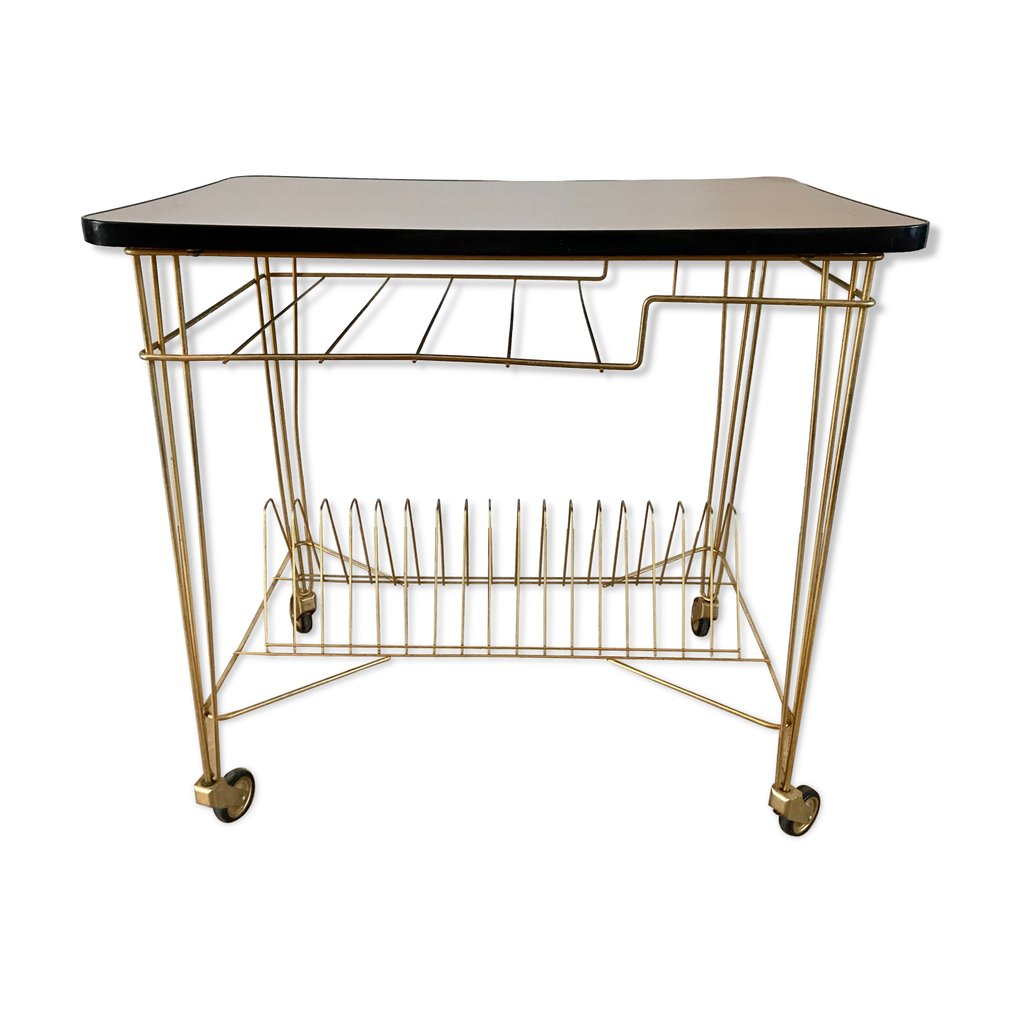 Rolling table vinyl row in formica and gold metal years 60-70