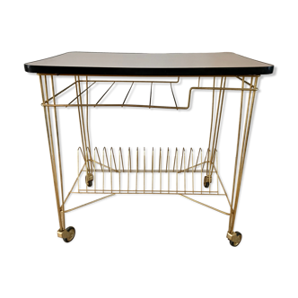 Table roulante range vinyle en formica et métal doré années 60-70