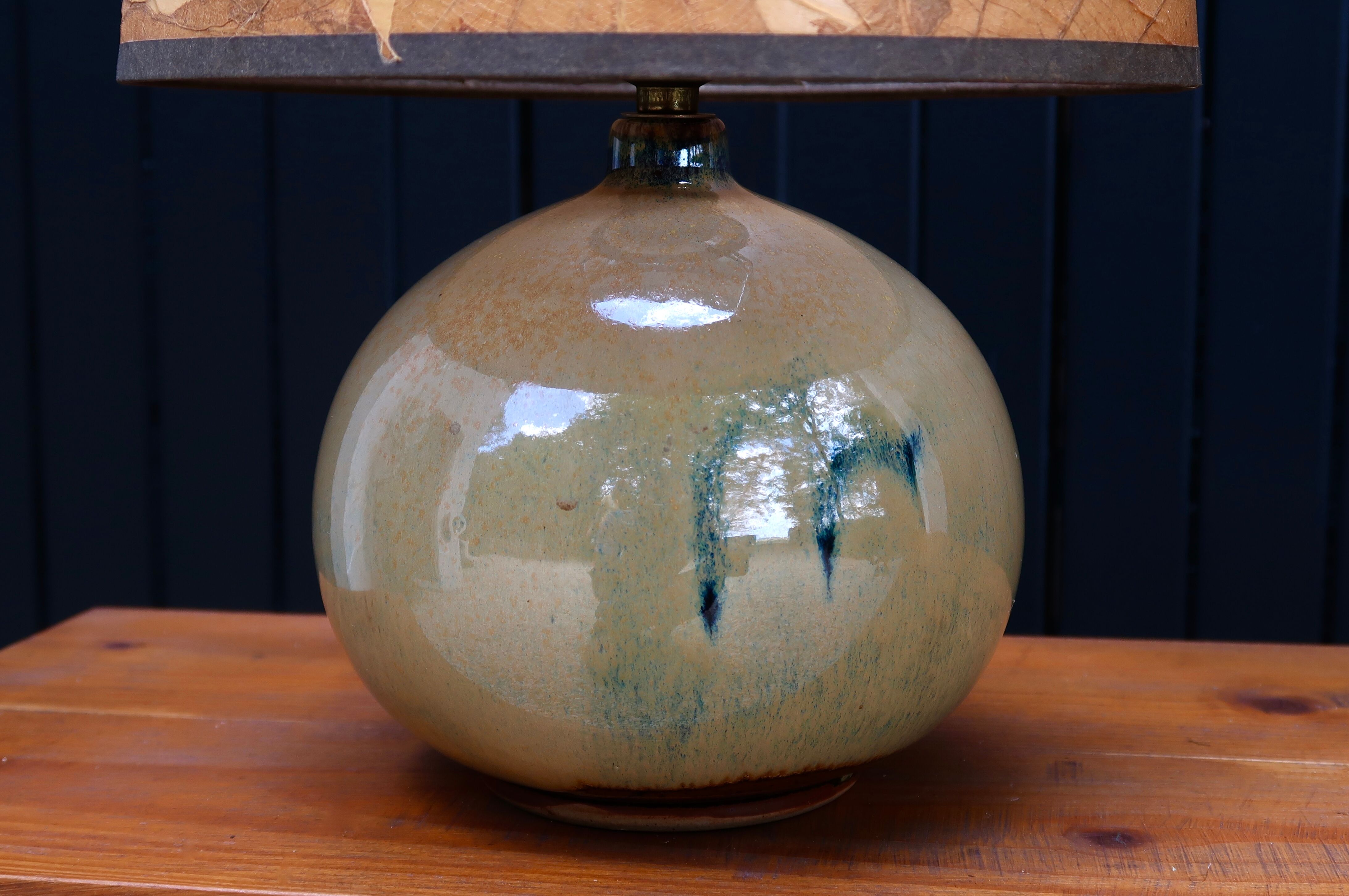 Beige ceramic lamp, herbarium-style lampshade, 70s