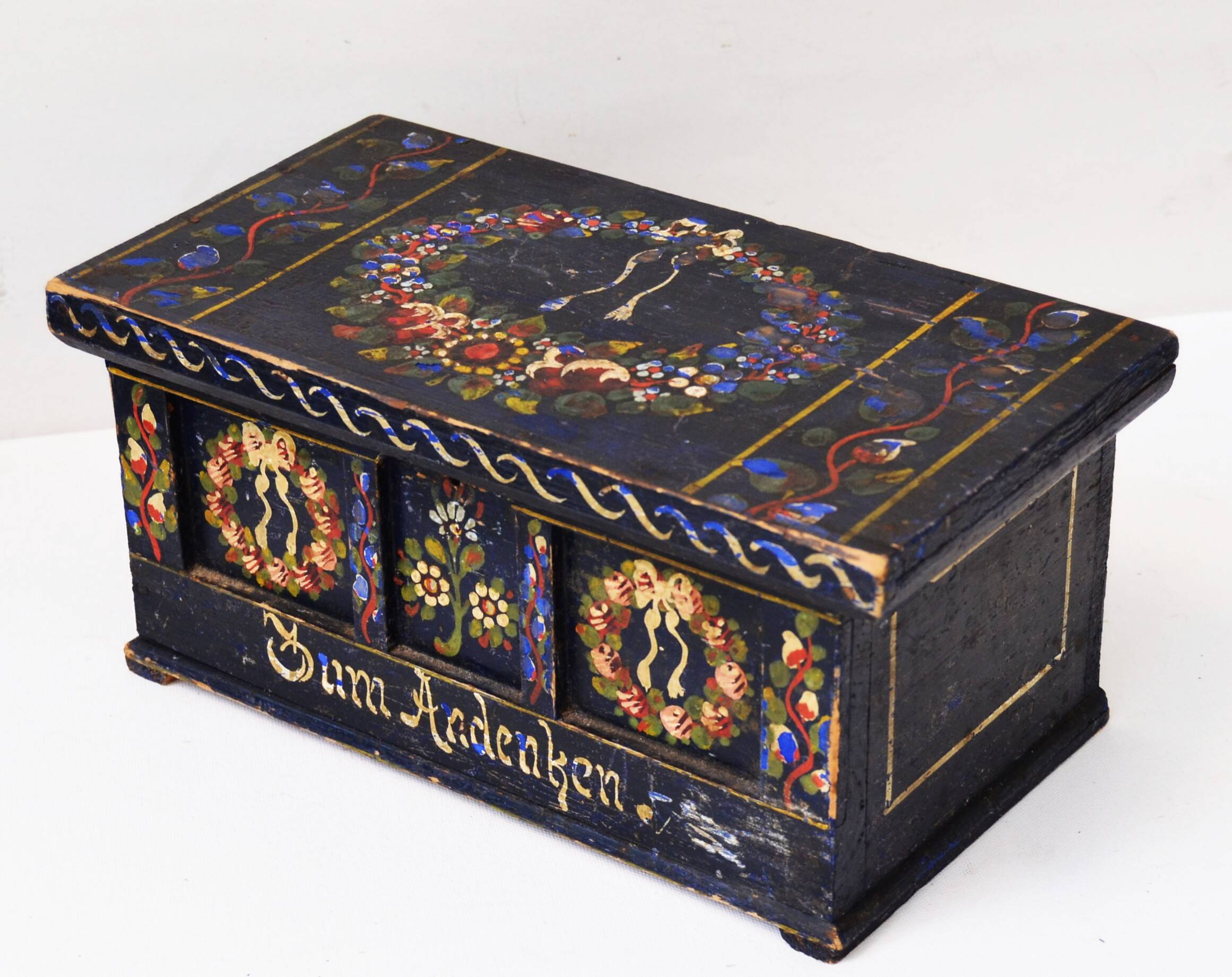 Coffret en bois peint à la main, art populaire antique, mariée, fin du 19e siècle
