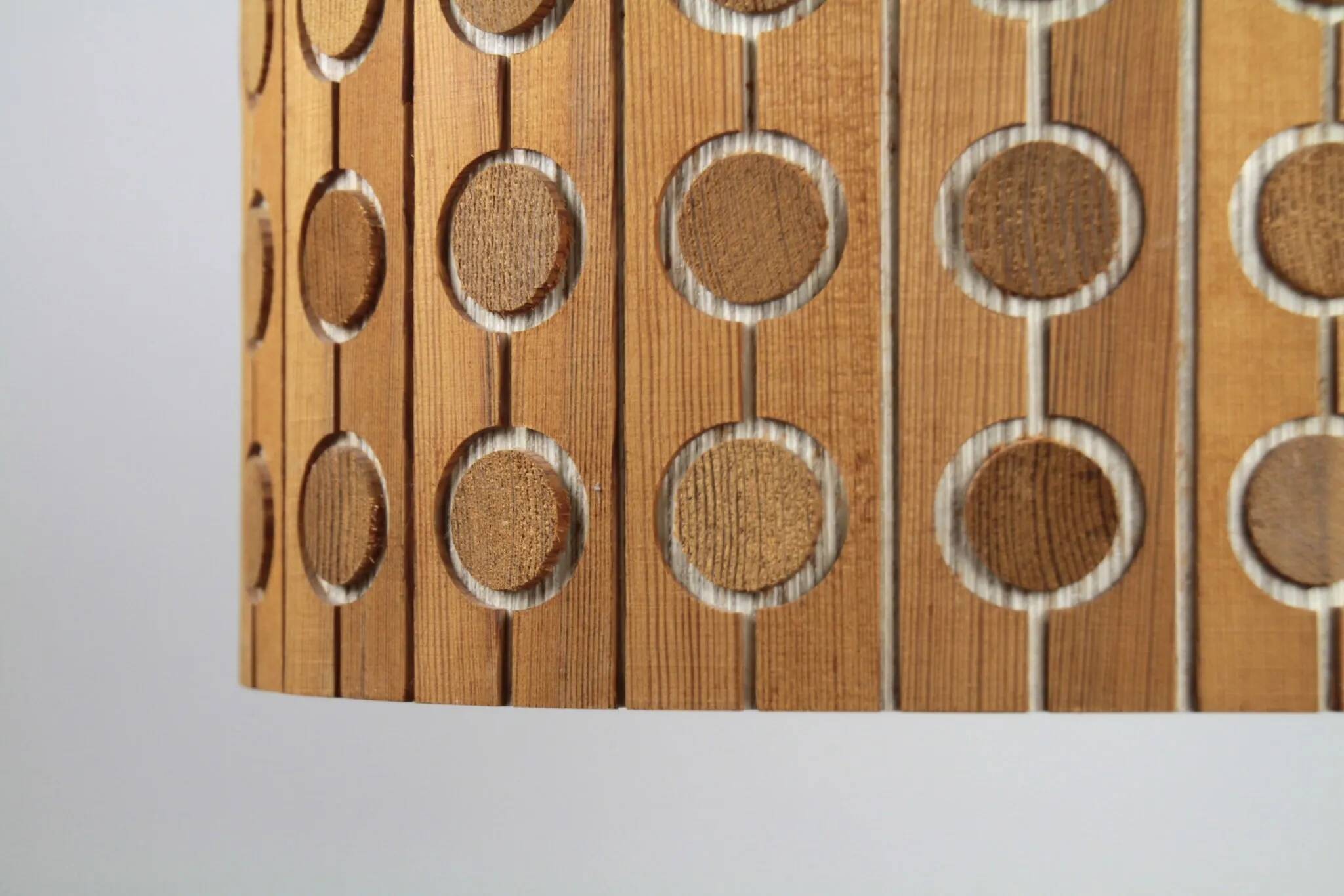 Pine Pendant Lamp – Cylindrical with Circle Pattern, Scandinavia – 1960s/1970s