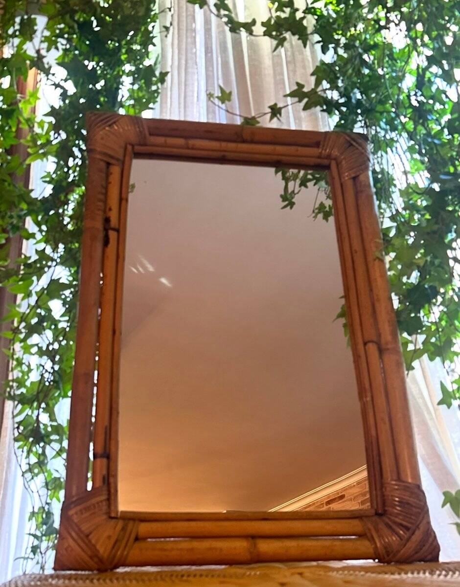 Vintage Italian mirror in bamboo and rattan, 1950s.