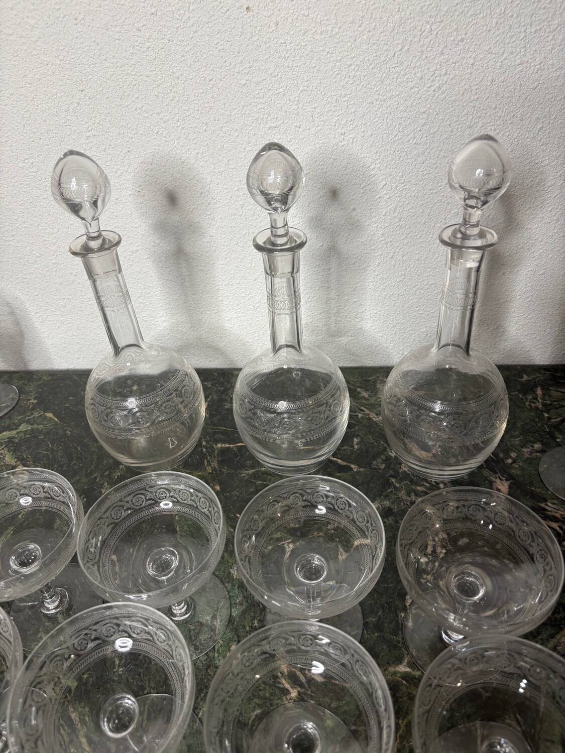 Baccarat crystal glassware and decanter set, Athenian engraving