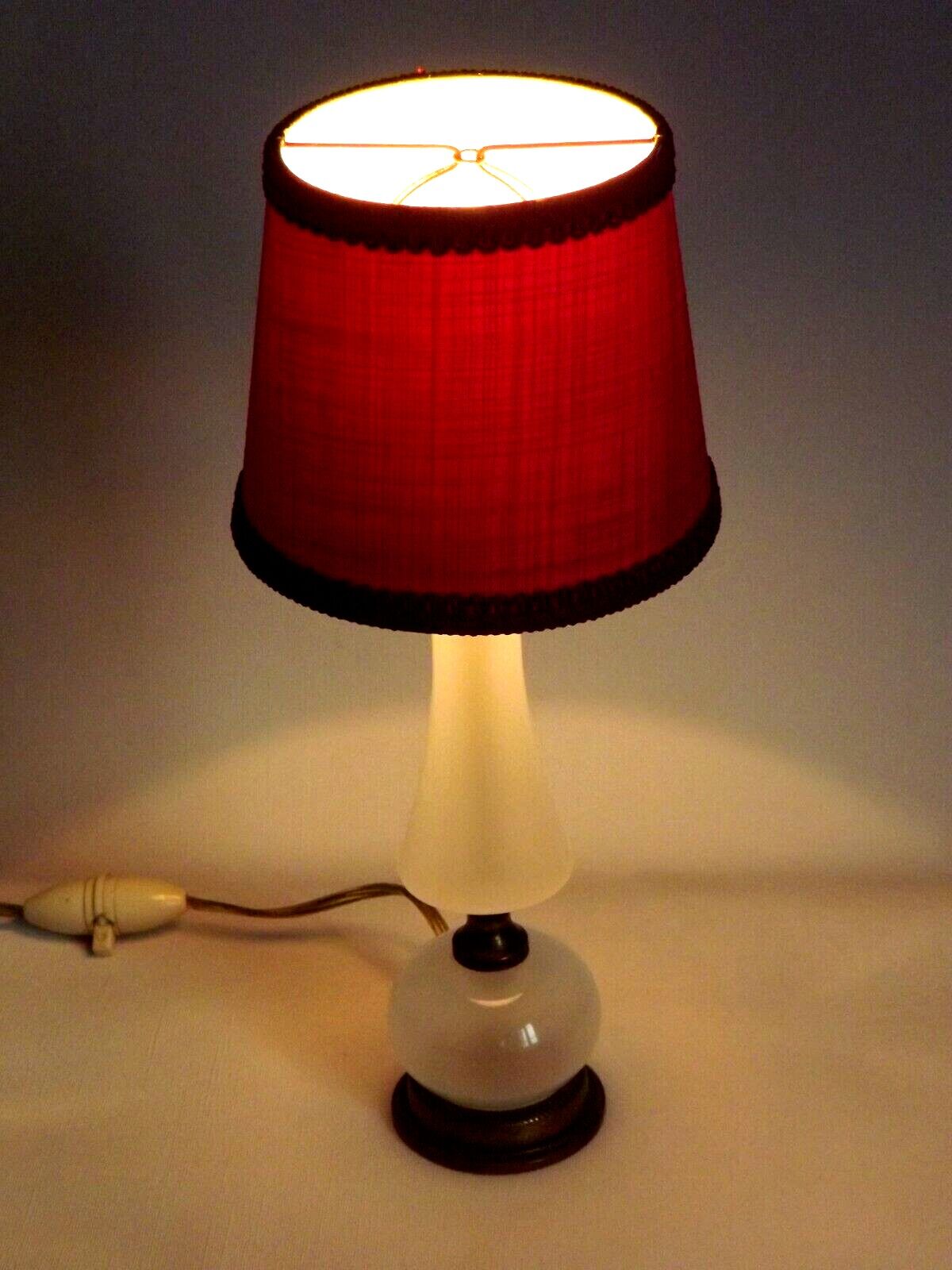 Brass & white glass table lamp red fabric shade