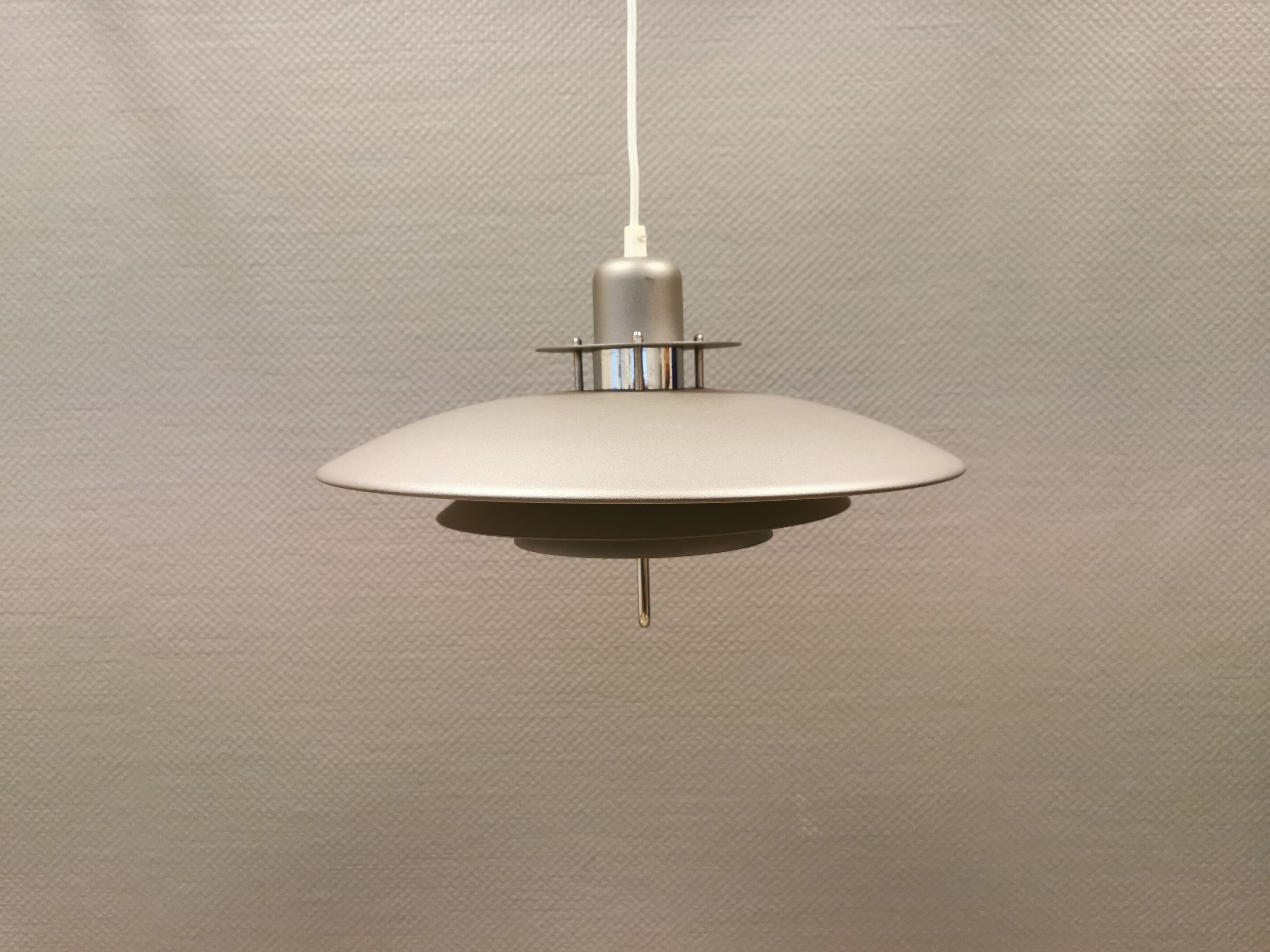 Swedish hanging lamp, produced by Belid in the original silver-grey colour.