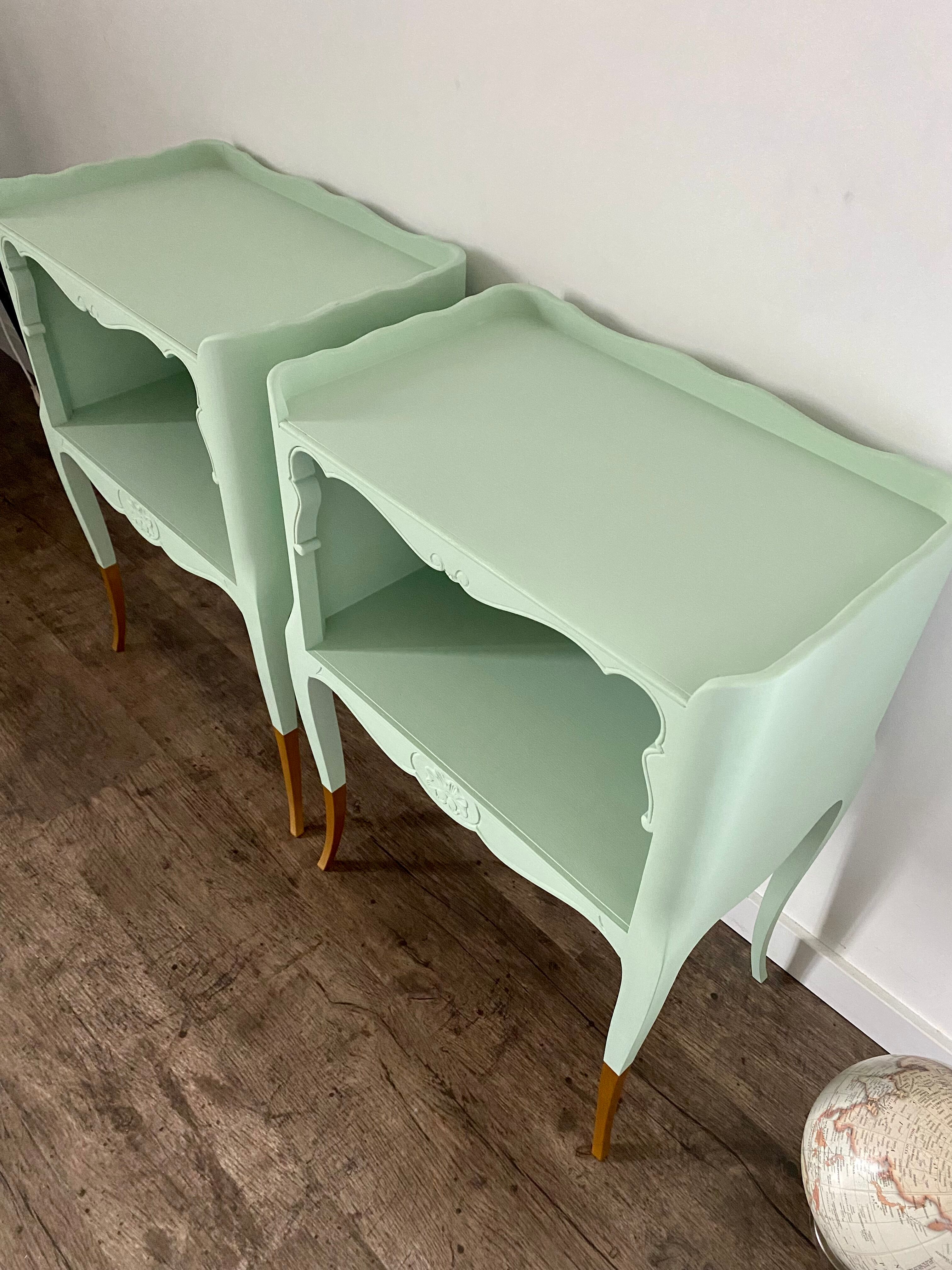 Pair of wooden bedside tables restyled green celadon