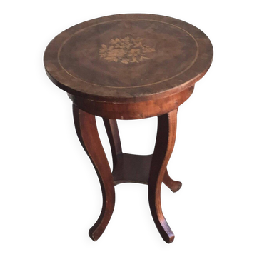 Table d'appoint baroque en noyer marron, plateau rond incrusté, circa 1890