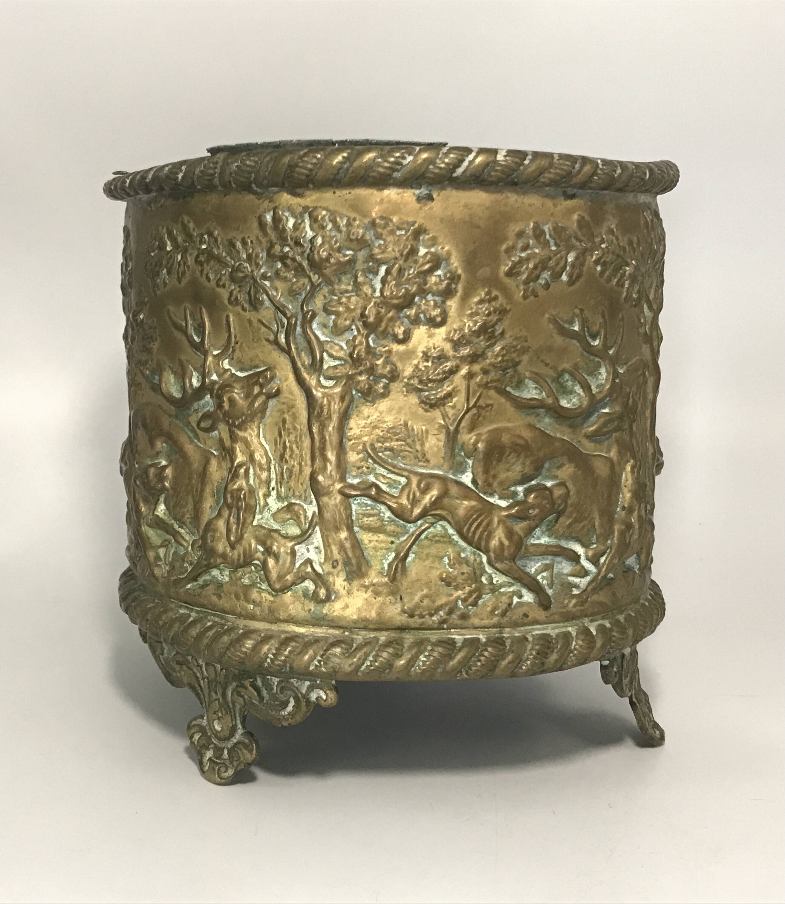 Antique Napoleon III Brass Planter with Embossed Hunting Scene Decor