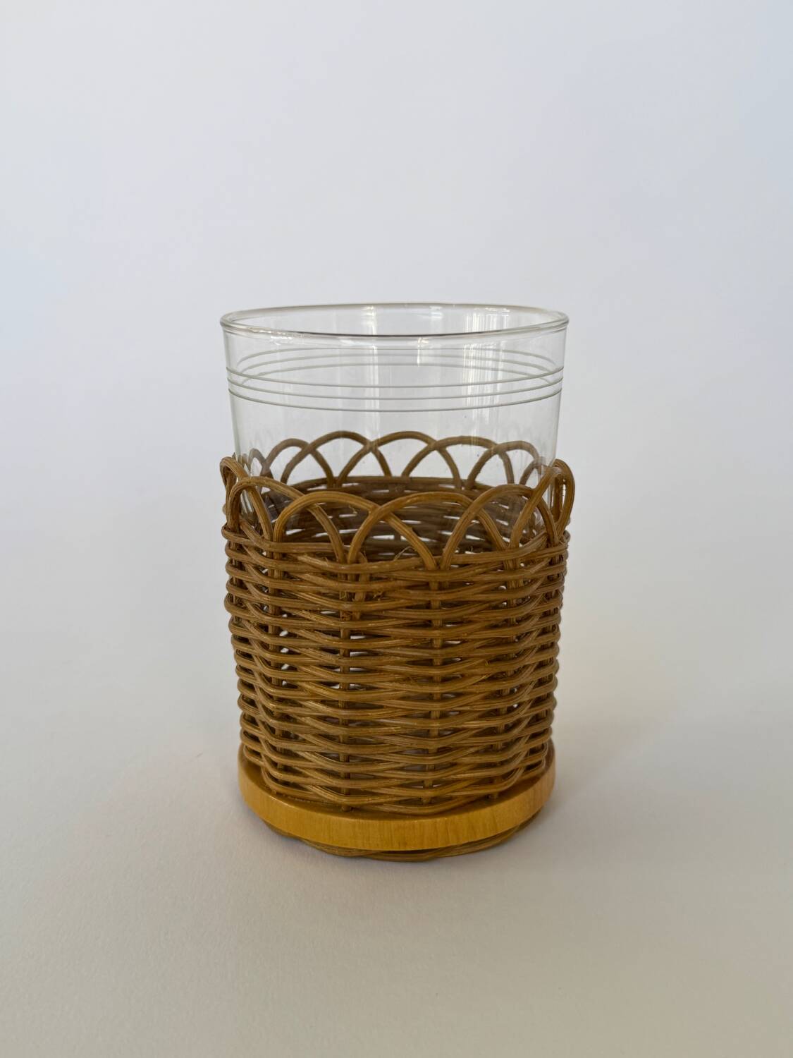 Set of 4 Vintage Set Schott Mainz Clear Glasses With Wicker Cup Holder