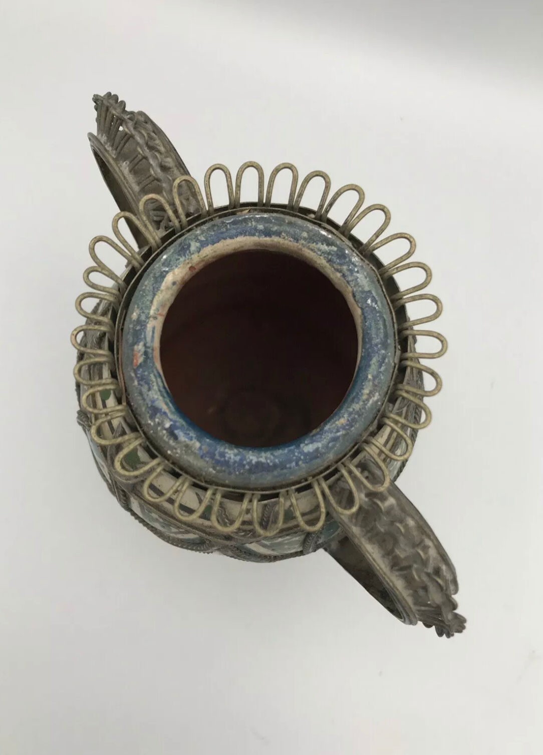 Old safi pottery vase in polychrome paint and metal sculpture décor 14 cm