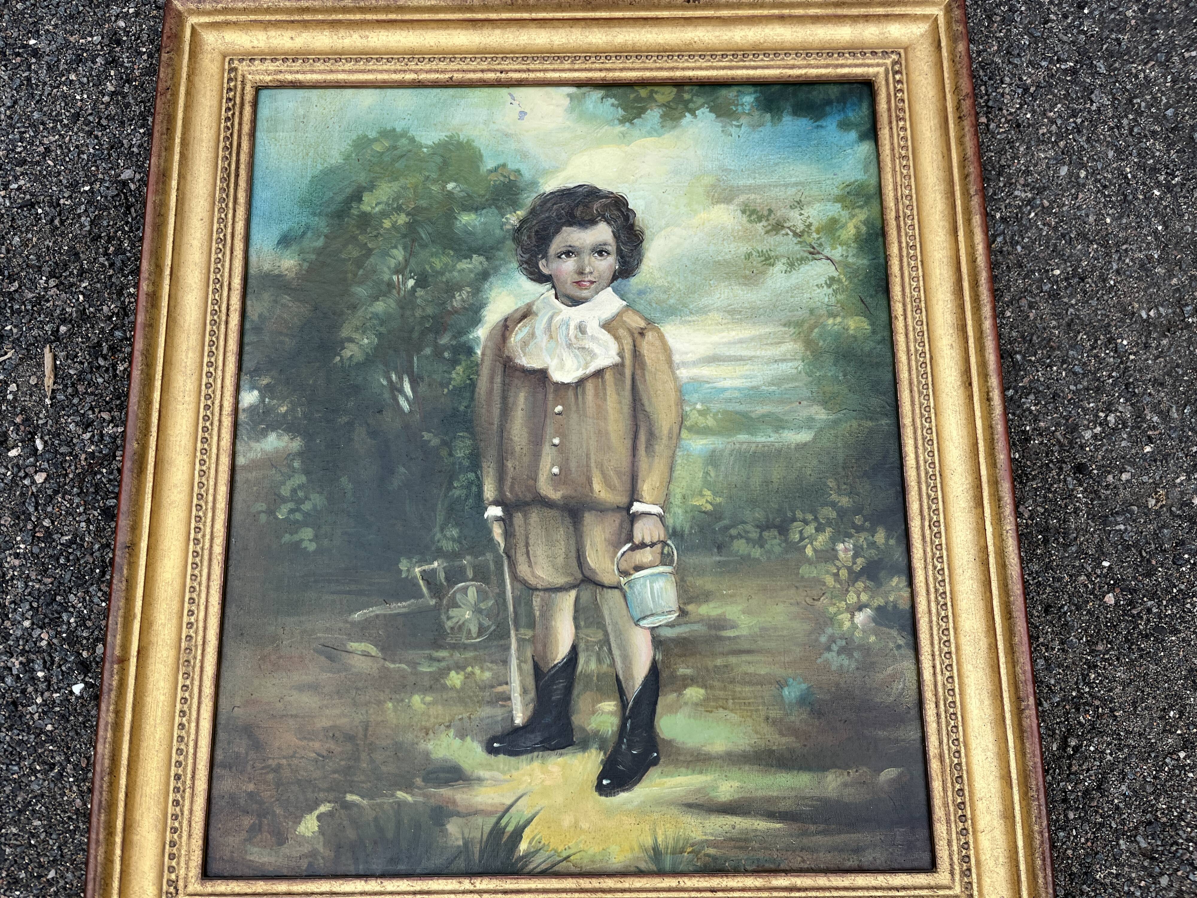 Tableau, huile sur panneau encadrée, portrait enfant au jardin style anglais, XIXe