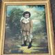 Tableau, huile sur panneau encadrée, portrait enfant au jardin style anglais, XIXe
