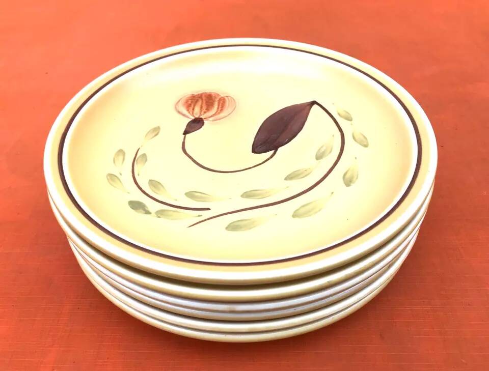 1960s 6 dessert plates Ateliers du Revernay France Matte stoneware Floral decoration