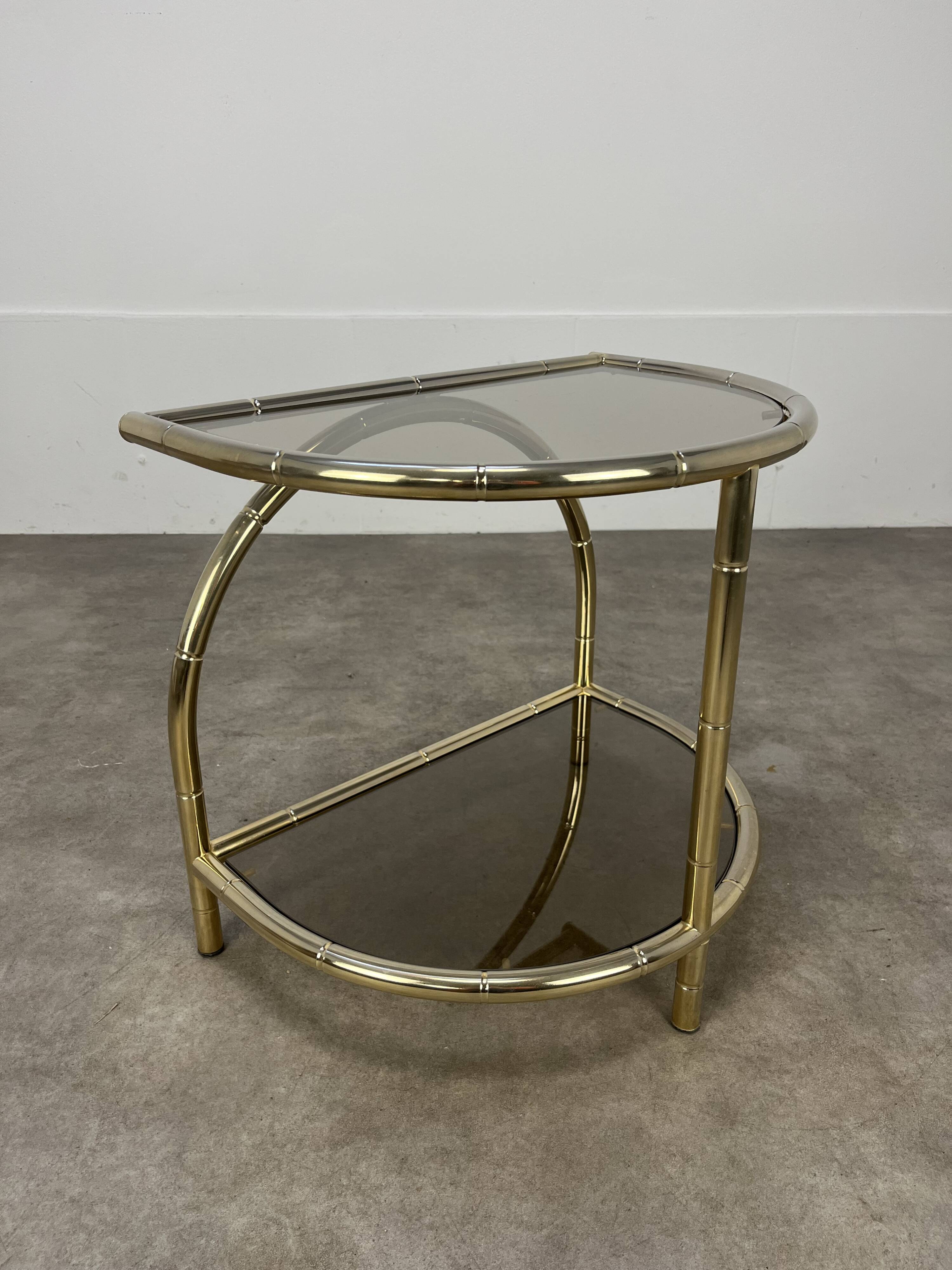 Hollywood Regency bamboo side table, gold and smoked glass, 70s