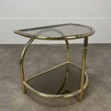 Table d'appoint bambou Hollywood Regency, dorée et verre fumé, 70's