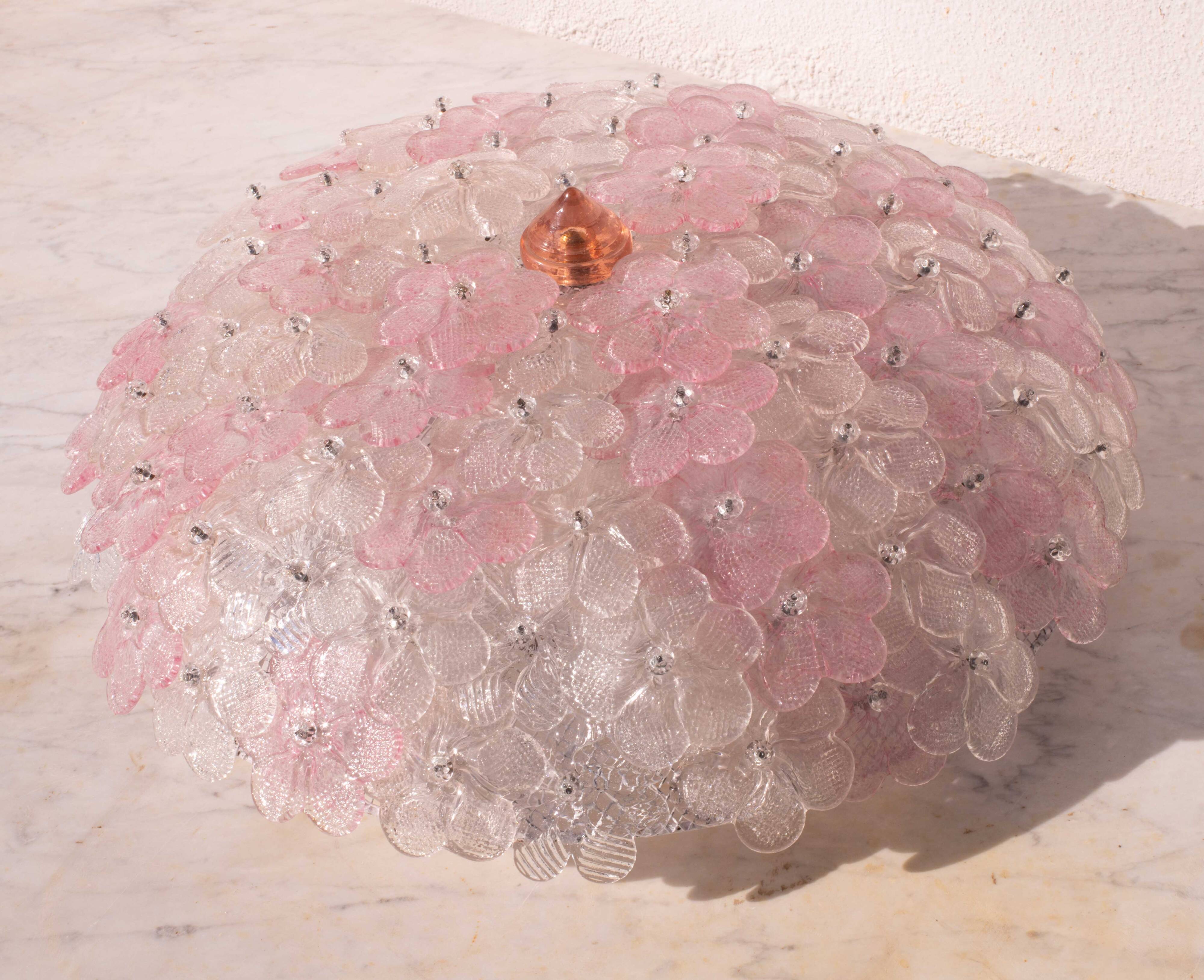 Charming Large Size Murano Ceiling Light Pink Flower by Seguso for Venini,