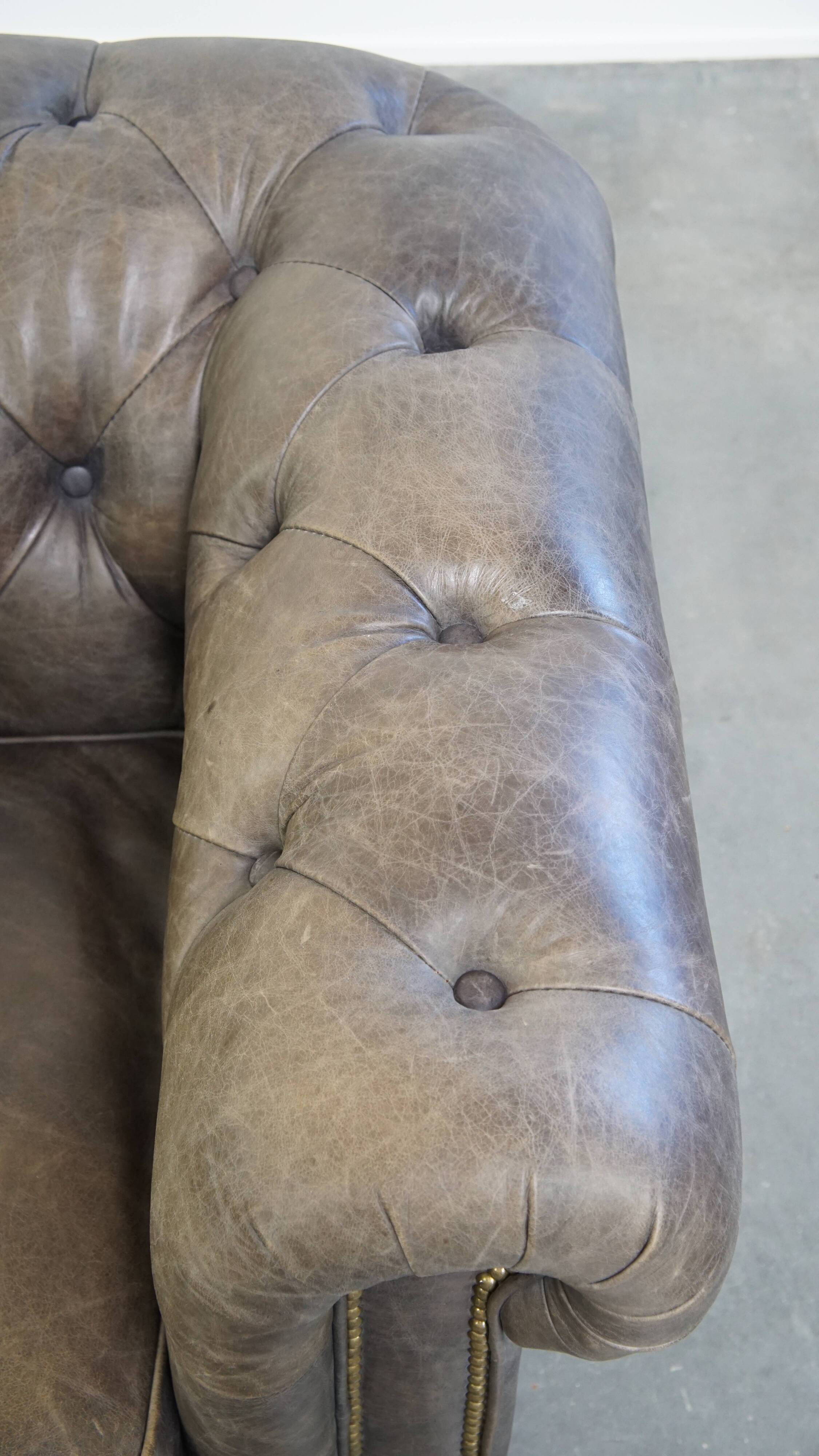 Grey Cowhide Leather Chesterfield Club Armchair in English Style on Casters