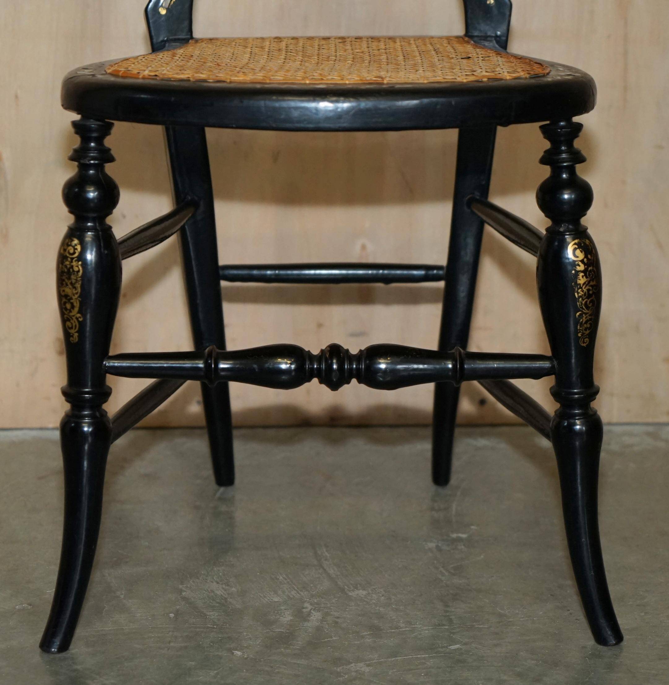 Four antique Regency bergère chairs with mother-of-pearl inlay.