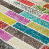 Handmade anatolian overdyed 176 cm x 227 cm multicolor patchwork carpet