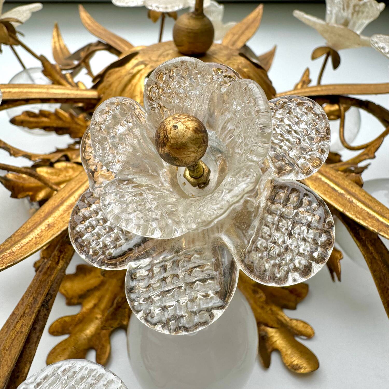 Plafonnier Banzi Firenze Murano en métal doré et verre de Murano