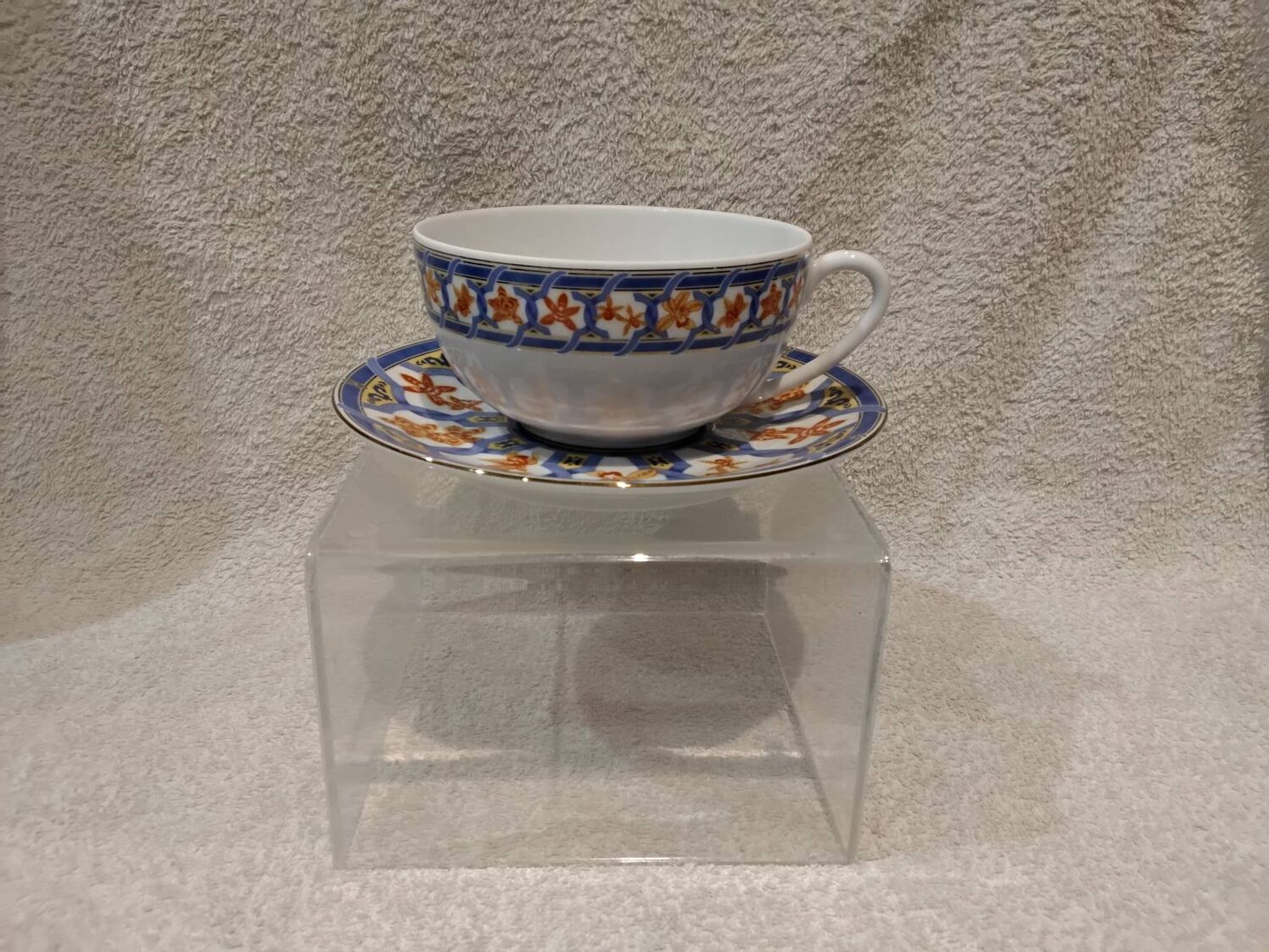Christofle blue ginkgo porcelain breakfast cup and saucer, 35cl