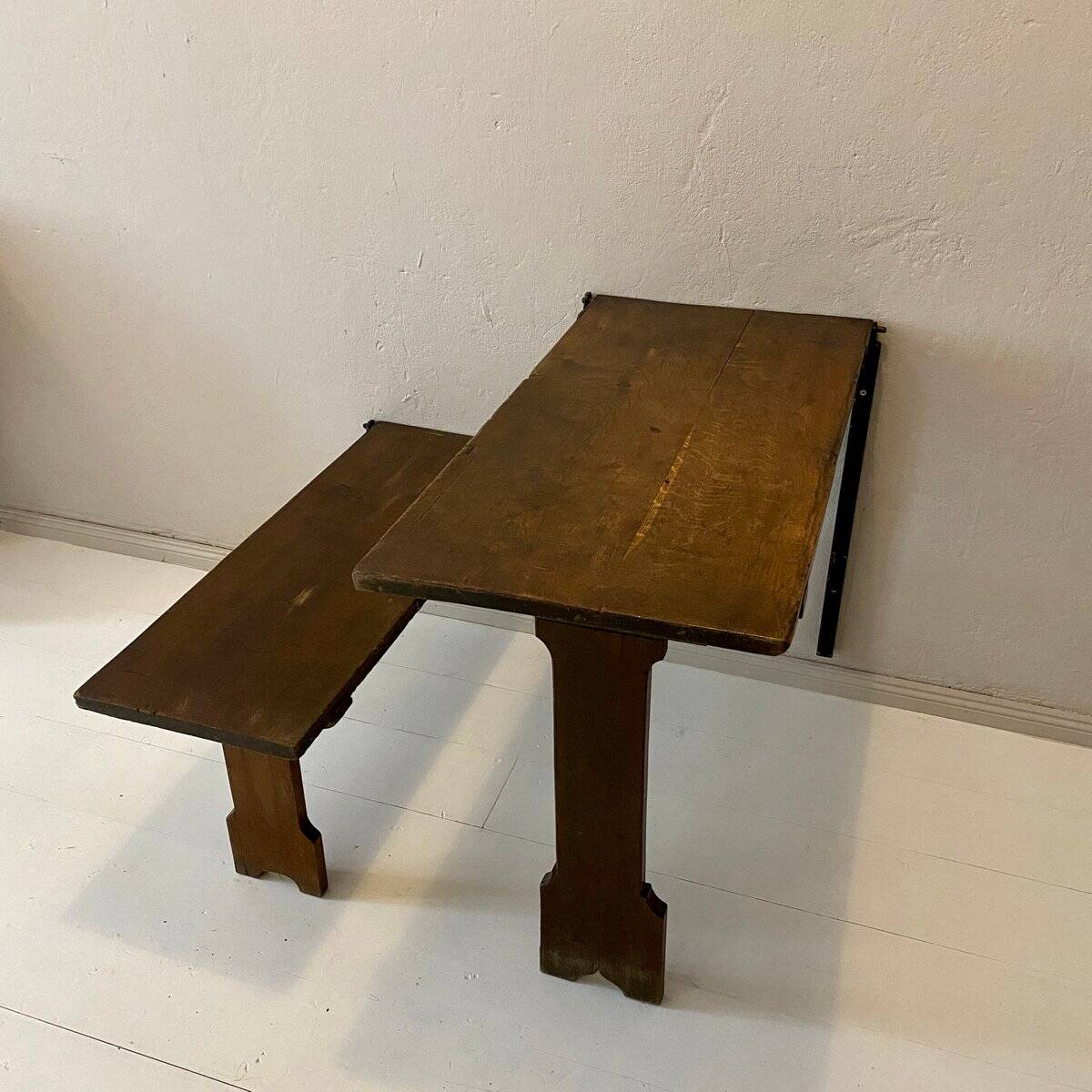 Art Deco German Wabi Sabi Brown Oak Prison Cell Table and Bench, 1930s, Set of 3