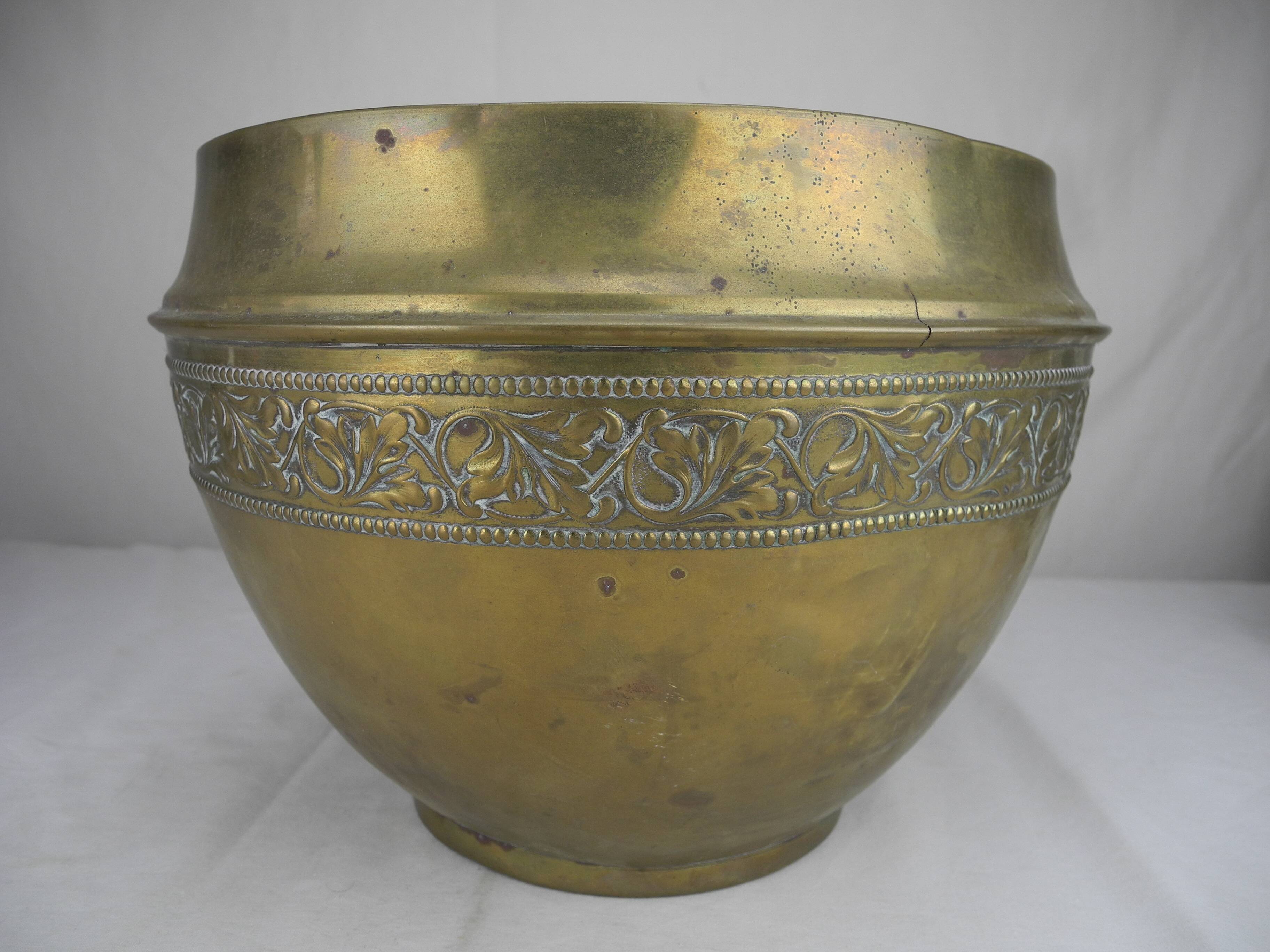 large old brass flower pot, gilded shabby decor, old brass flowers pot