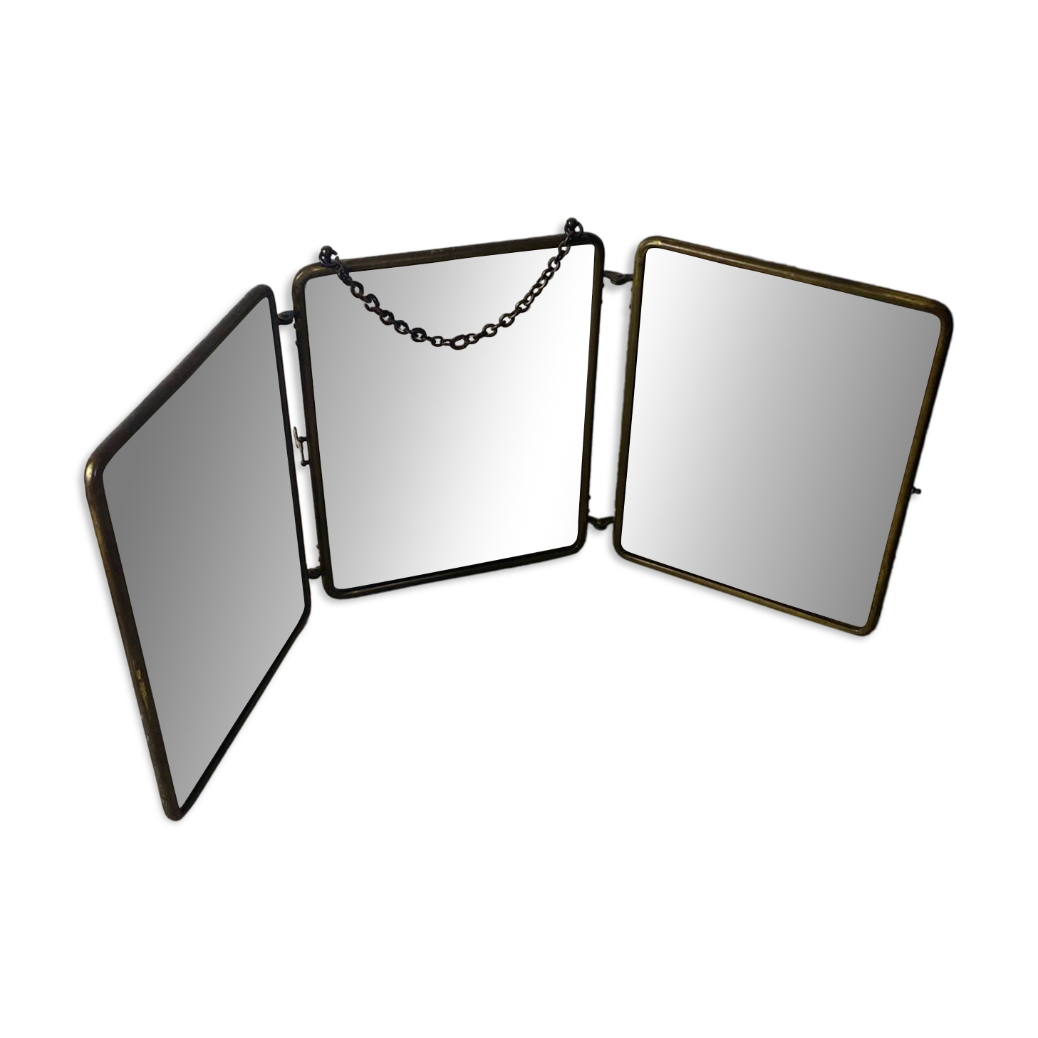 Miroir de barbier, triptyque cuir et laiton