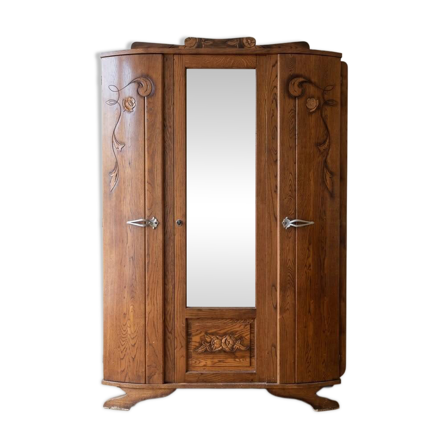 Antique Art Deco wardrobe in carved wood with mirror