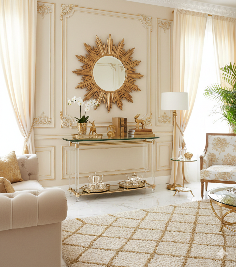 Hollywood Regency console table in lucite, glass and gold metal. 1980s