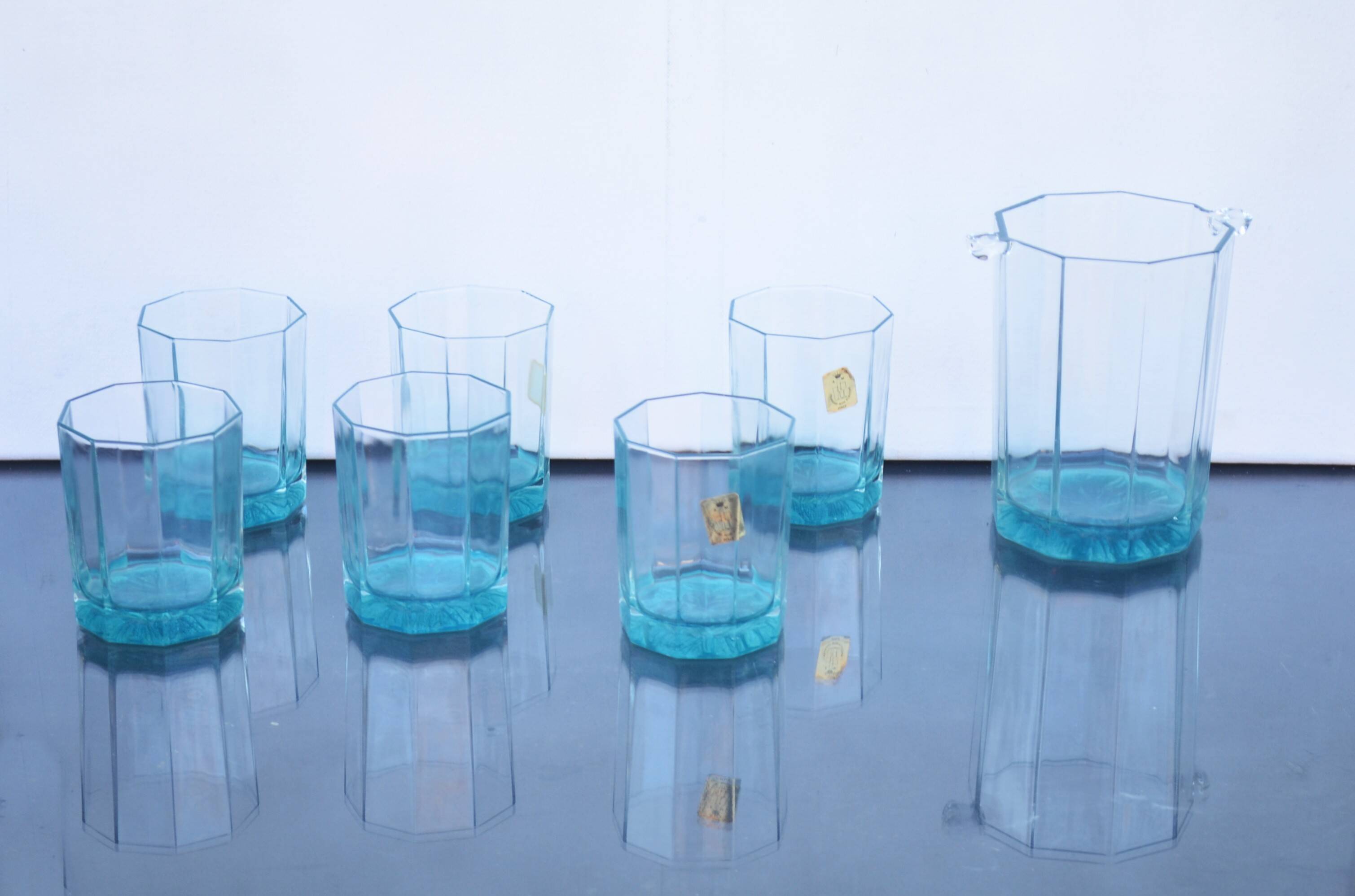 Mid Century Italy Frangar Non Flectar Whiskey Set of Blue Glasses With Ice Bucket and Fork Tongs