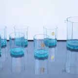 Mid Century Italy Frangar Non Flectar Whiskey Set of Blue Glasses With Ice Bucket and Fork Tongs