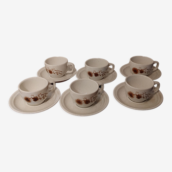 6 tasses & sous-tasses à café en grés émaillé décor floral chardon Sarreguemines