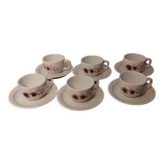 6 cups & teacups in glazed sandstone floral decoration thistle Sarreguemines
