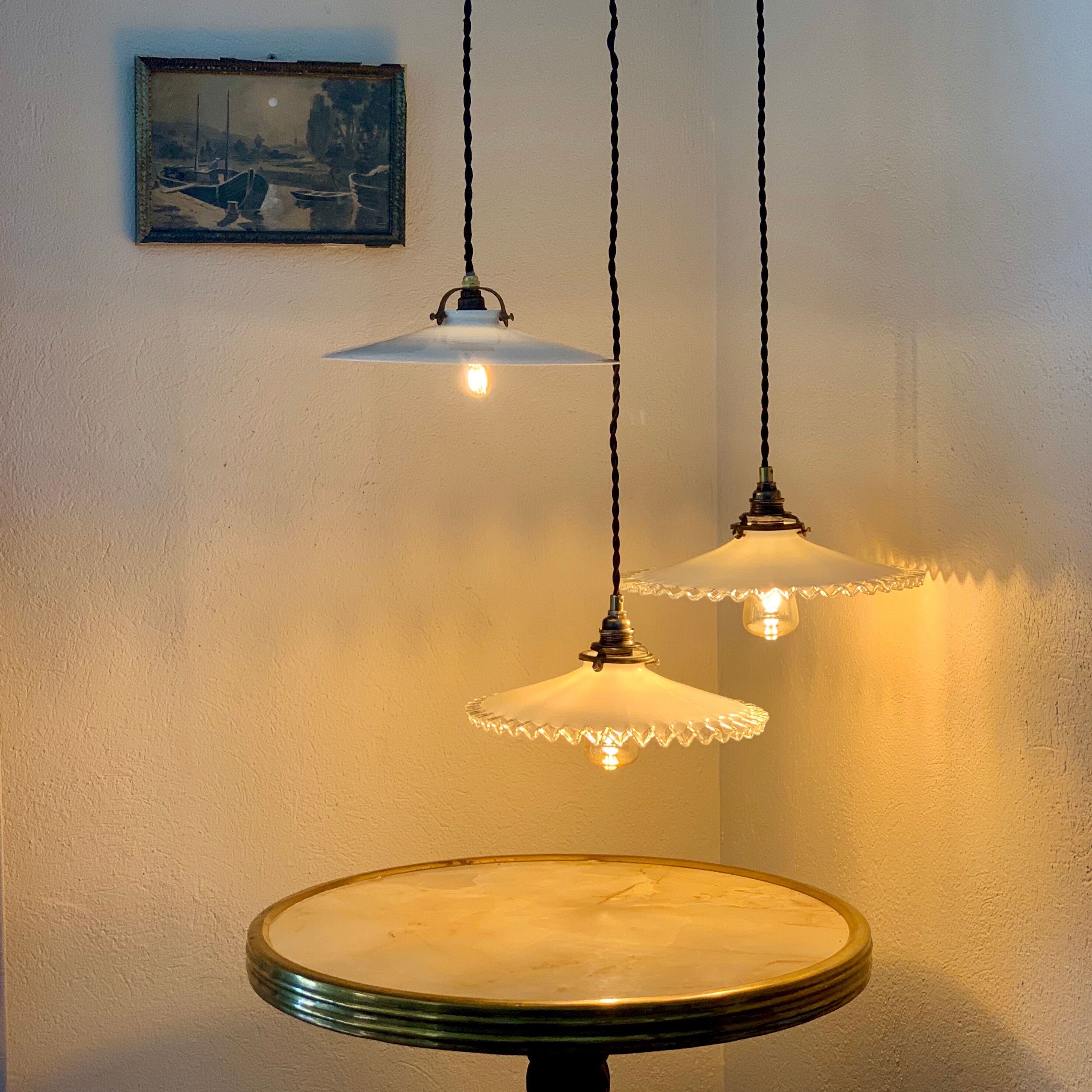 Pair of serrated opaline bistro pendant lamps