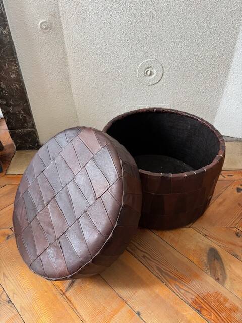 Patchwork leather storage pouf by De Sède, 1970.