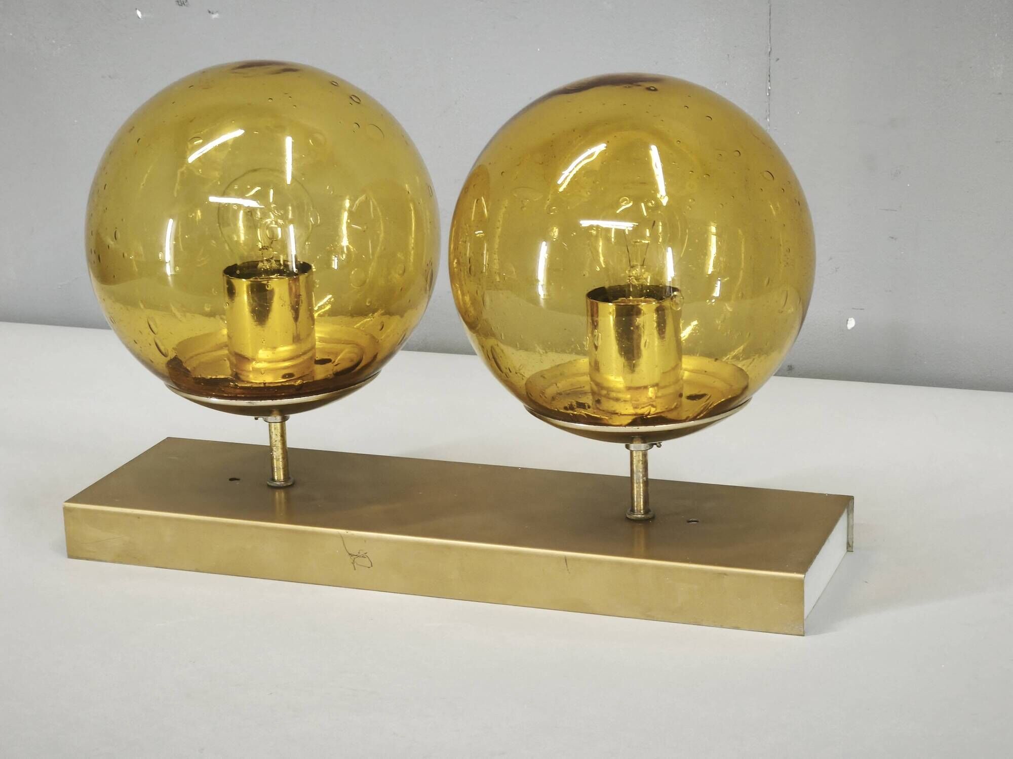 1970s Space Age Amber Glass Double Wall Lamp, Kamenický Šenov