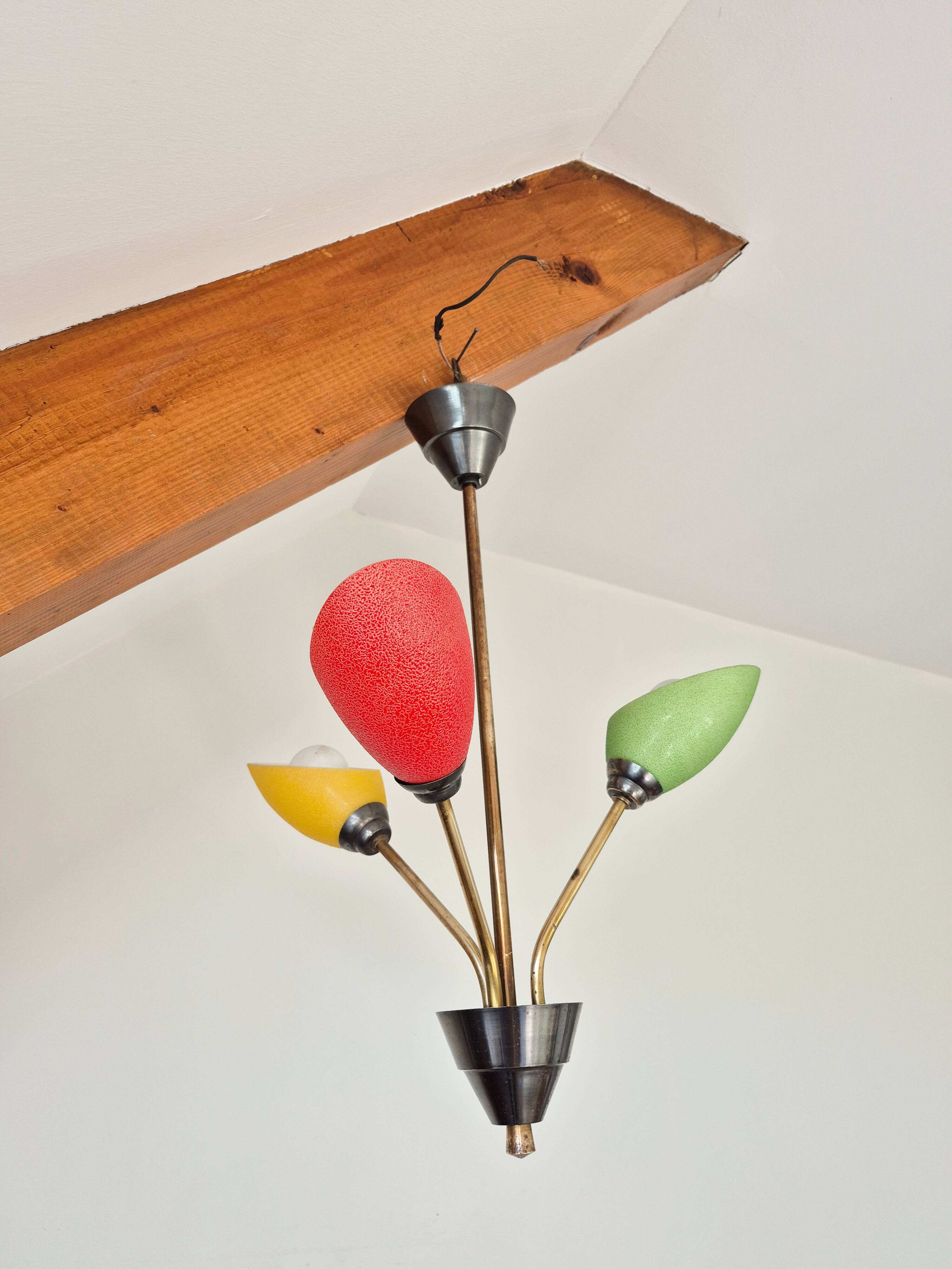 Pendant light, in brass and tricolor opaline glass