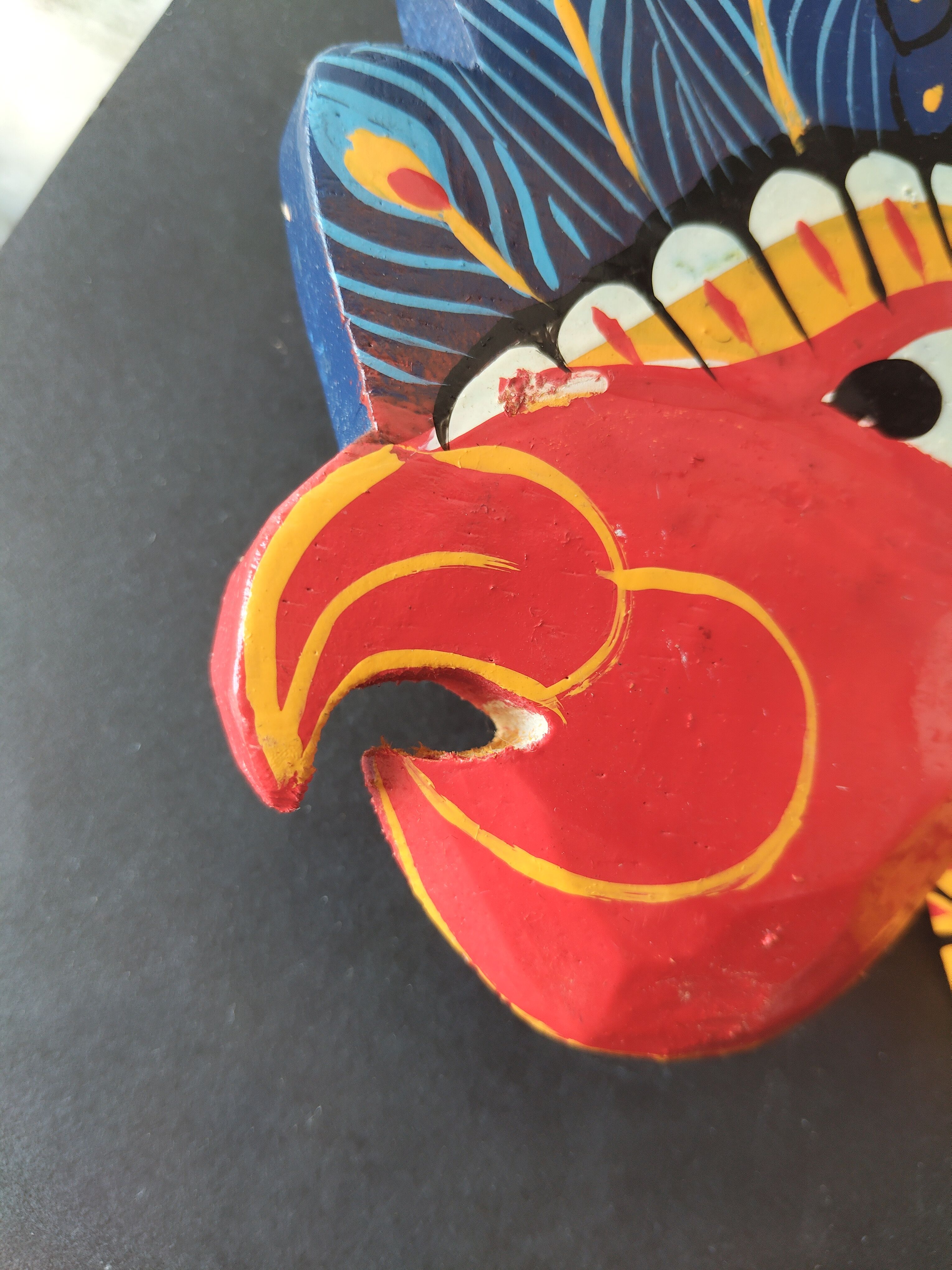 Ancient Balinese mask carved and painted – Stylised peacock – Art p