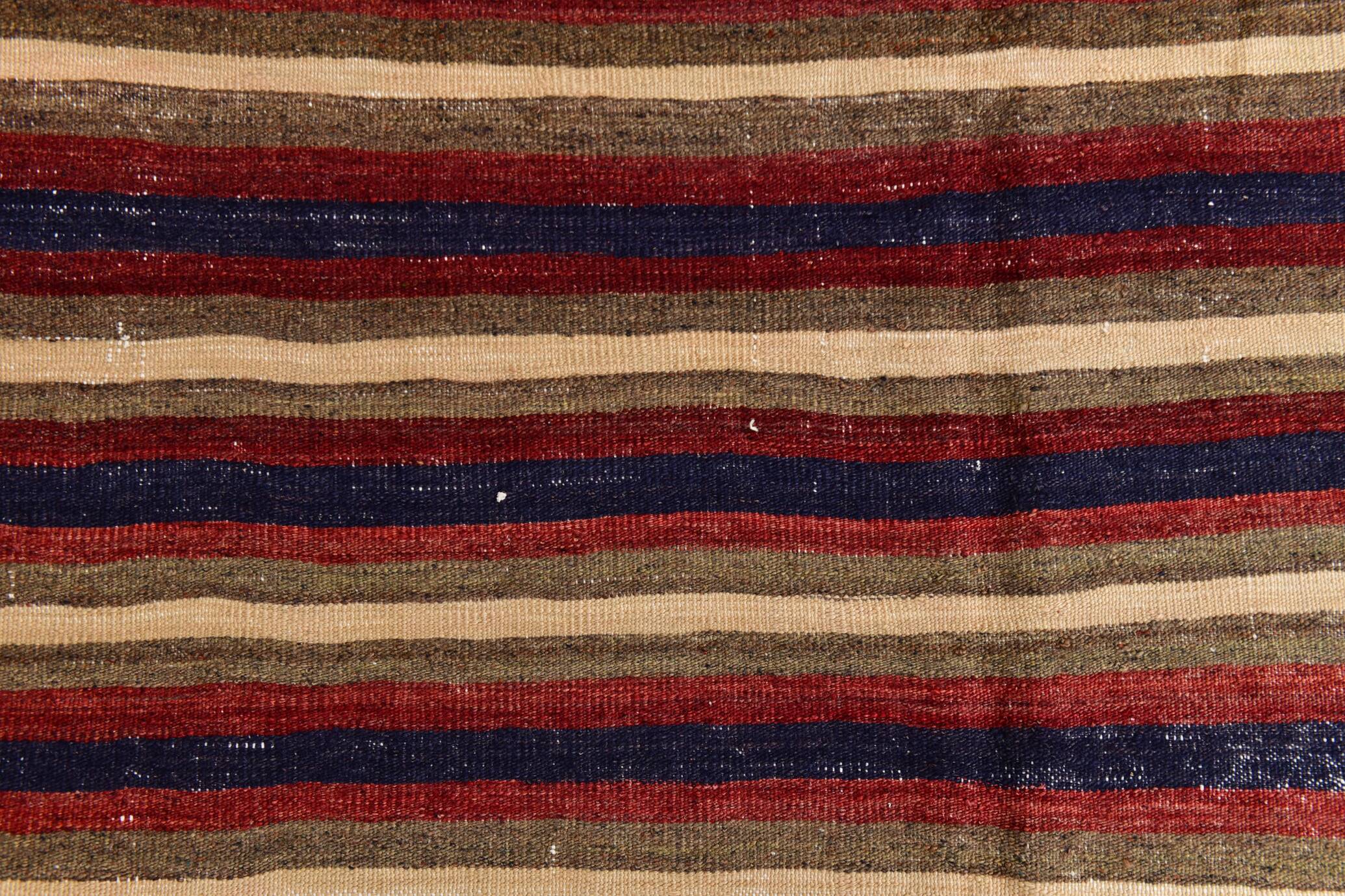4x9 Red & Navy Blue Pinstriped Pattern Turkish Kilim Rug, 136x284Cm