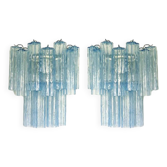 Contemporary Light-Blue “Tronchi”Murano Glass Wall Sconces in Venini Style - a Pair