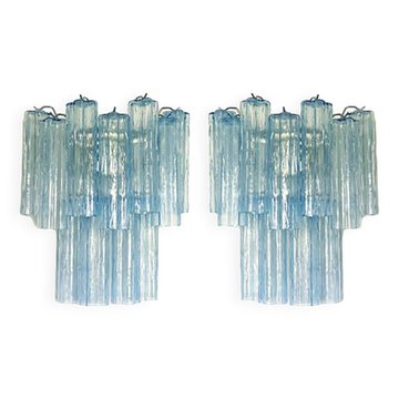 Contemporary Light-Blue “Tronchi”Murano Glass Wall Sconces in Venini Style - a Pair