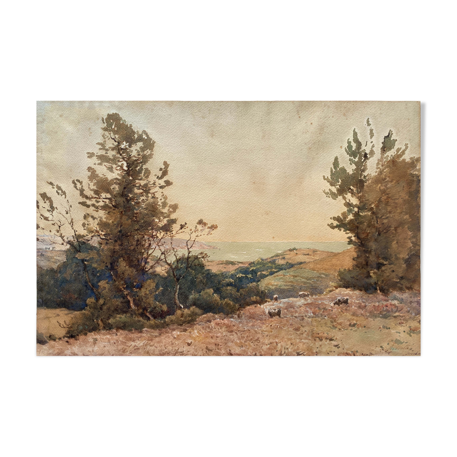 Watercolor Marine painting "Bréhec en Bretagne" Ernest Designolle (1850 / 1941)