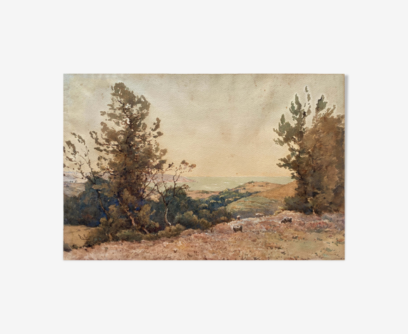 Tableau aquarelle Marine "Bréhec en Bretagne" Ernest Designolle 1850/1941