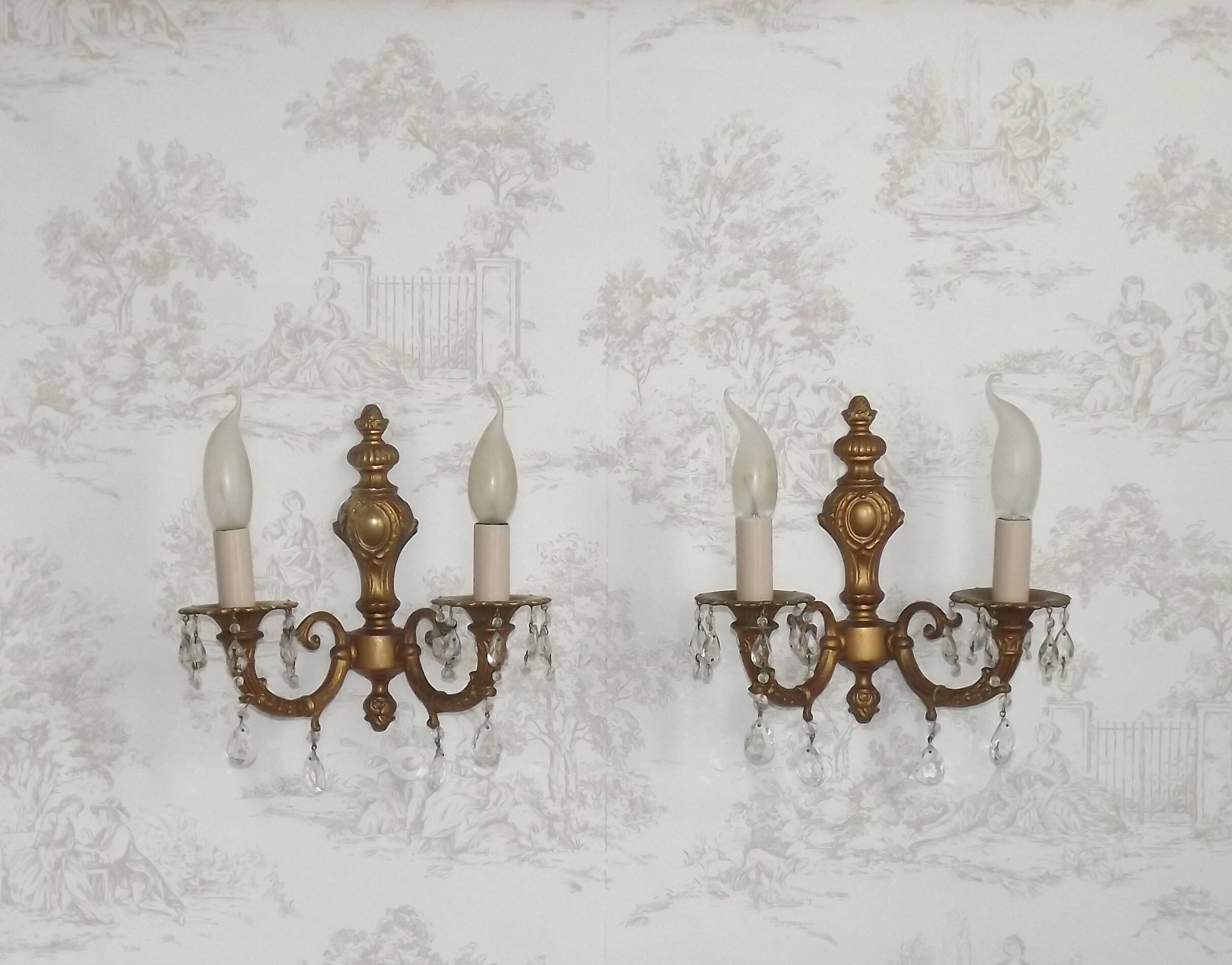 Pair French Vintage Bronze Double Wall Lights Assorted Crystal Drops 5352