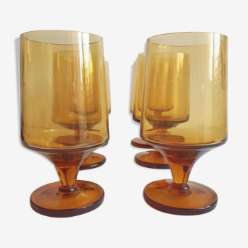 Set of 6 vintage amber foot glasses